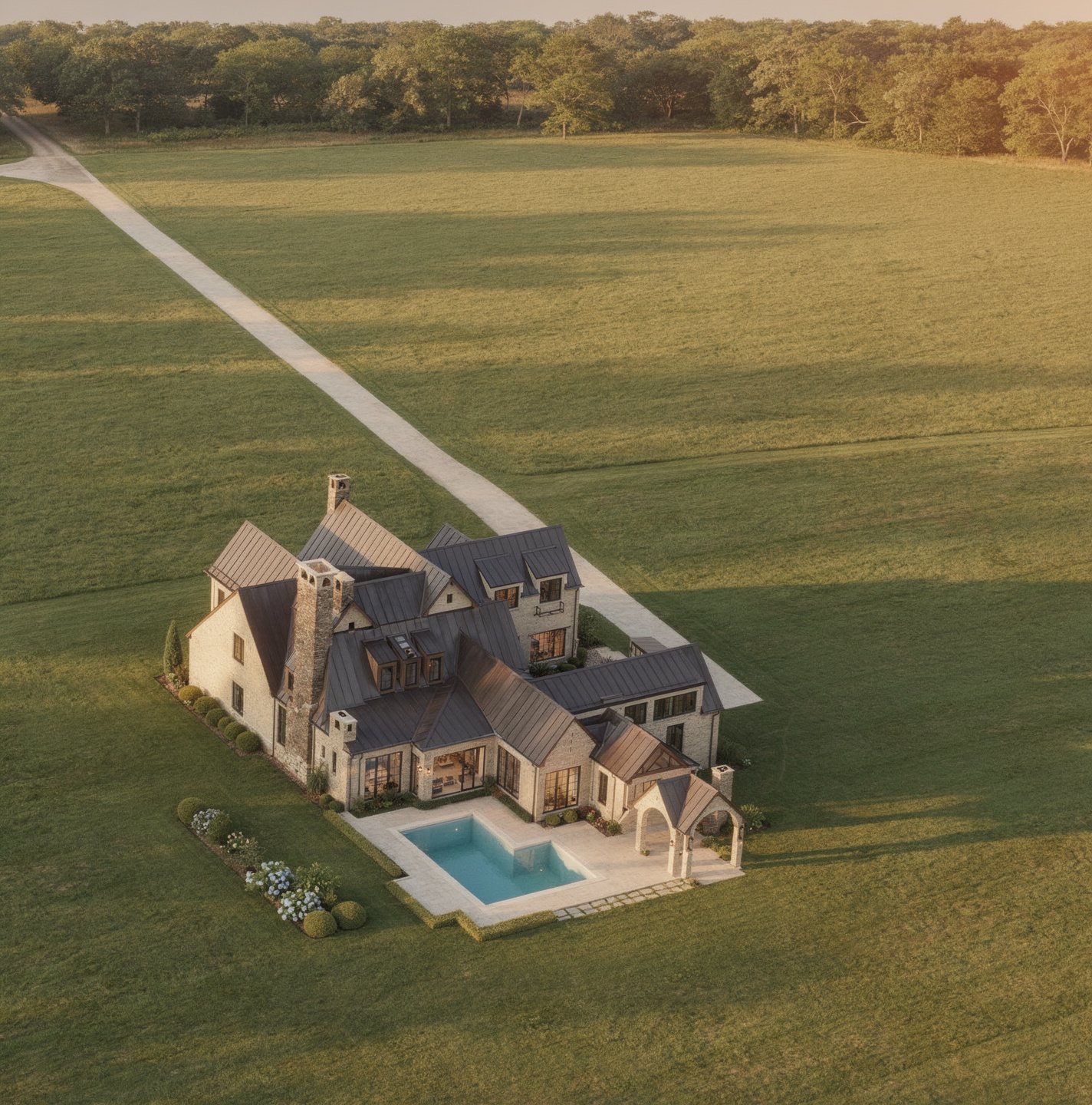 Aerial view over the pool and the back of the house, looking toward Coleman Road — artist's concept