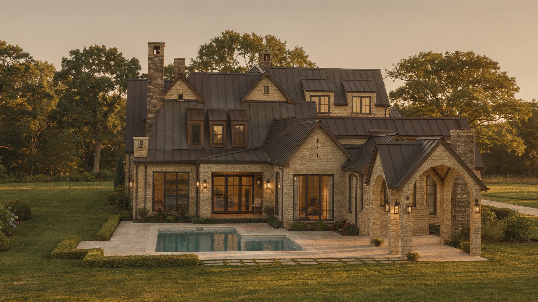 The back of the house, pool and pavilion at dusk — artist's concept